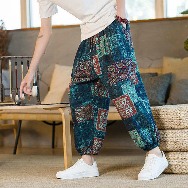 Buddha Stones Summer Square Patchwork Cotton Linen Men's Ankle-Length Harem Pants With Pockets