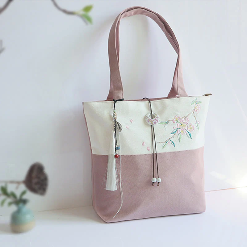 Buddha Stones Pear Flower Plum Peach Blossom Bamboo Embroidery Canvas Large Capacity Shoulder Bag Tote Bag