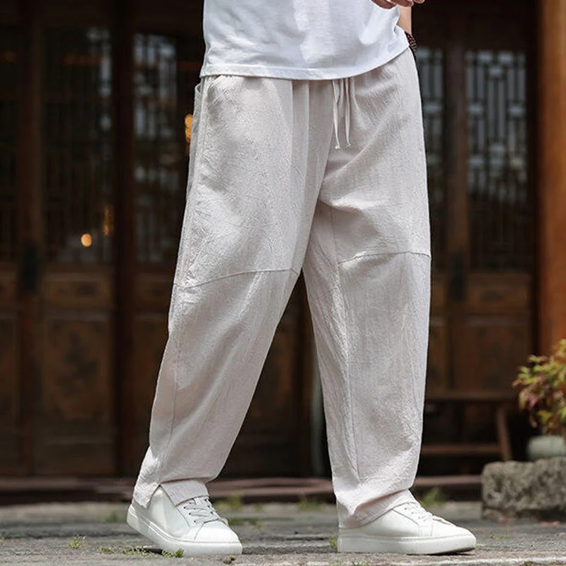 Buddha Stones Solid Drawstring Men's Elastic Waistband Cotton Linen Pants With Pockets