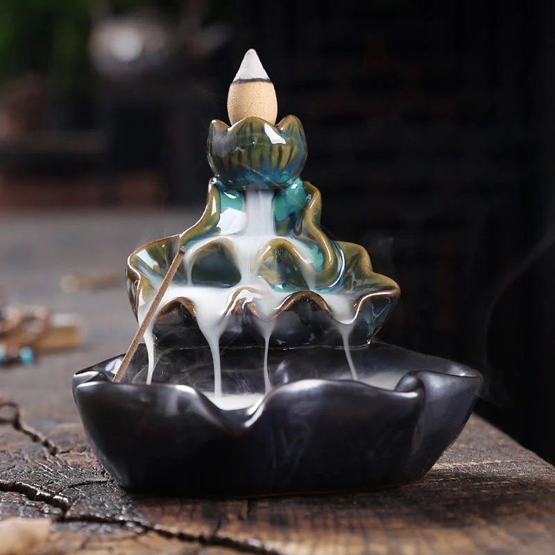 Buddha Stones Lotus Leaf Koi Fish Ceramic Backflow Smoke Fountain Peace Incense Burner Decoration