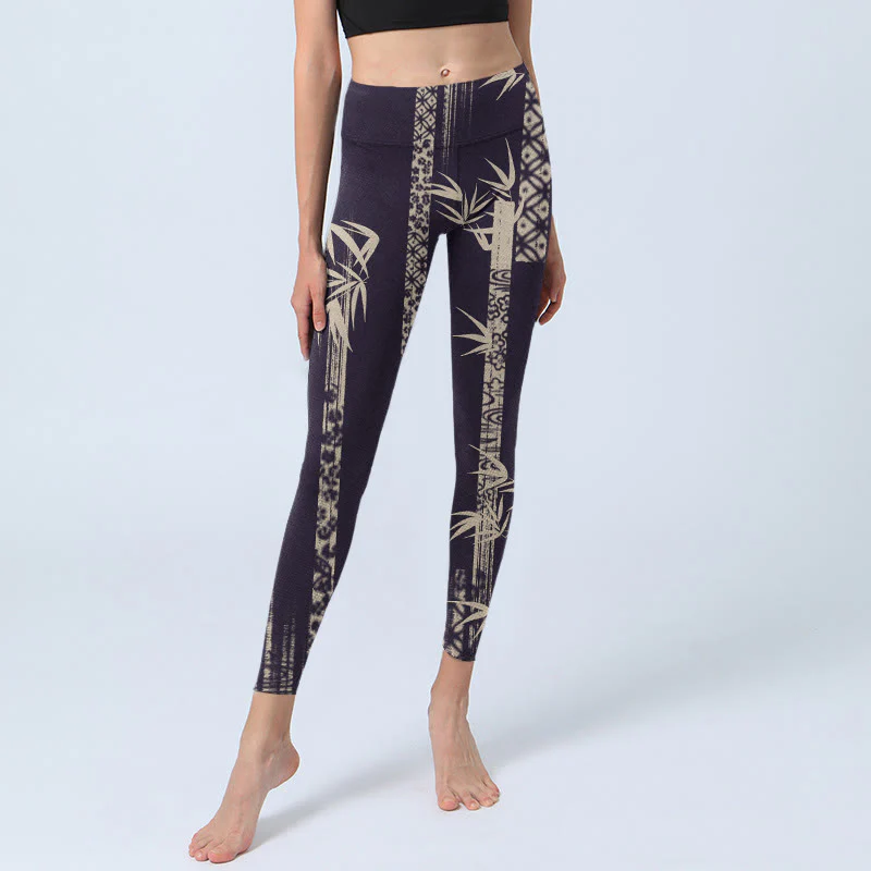 Buddha Stones Bamboo Water Wave Pattern Print Gym Leggings Women's Yoga Pants