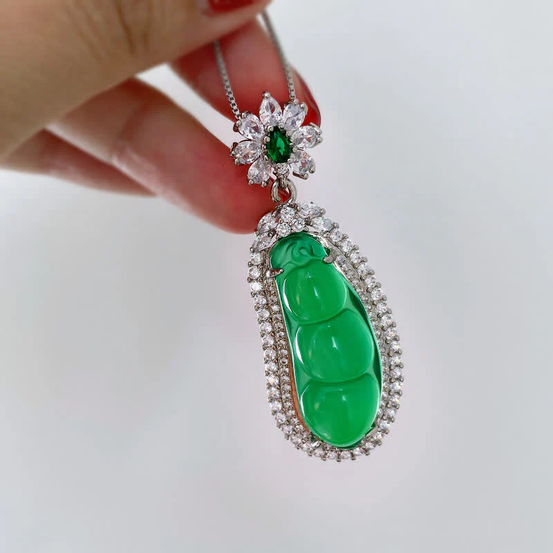 Buddha Stones Fortune Bean Cyan Jade Luck Necklace Pendant