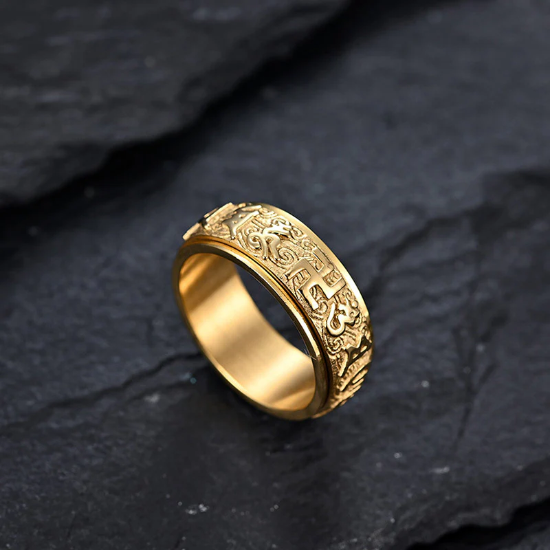 Buddha Stones Six True Words Balance Calm Titanium Steel Ring