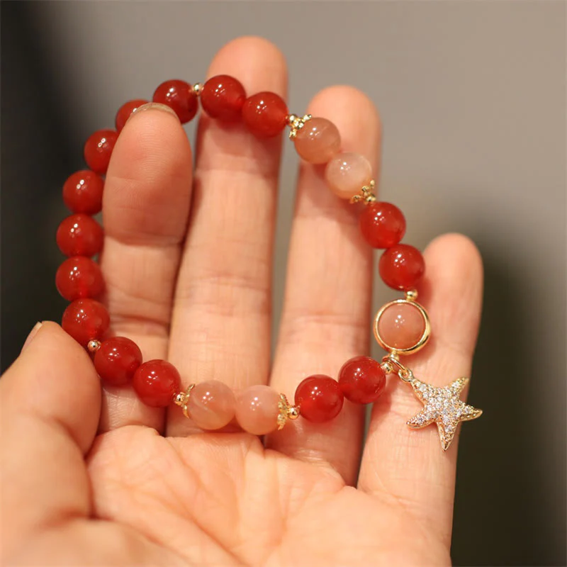 Buddha Stones Sun Stone Peach Moonstone Red Agate Crystal Star Wealth Bracelet