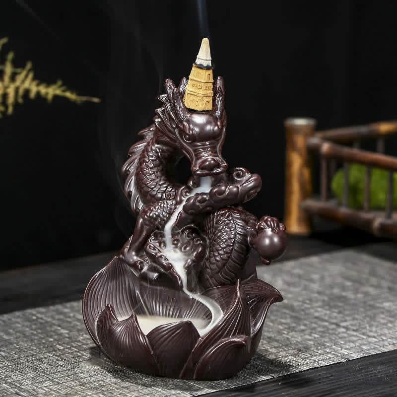 Buddha Stones Dragon Lotus Pattern Strength Protection Ceramic Incense Burner Decoration