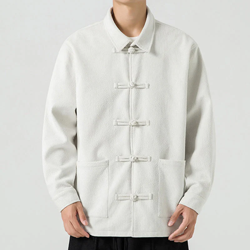 Buddha Stones Long Sleeve Frog-button Design Men's Polyester Jacket Shirt With Pockets