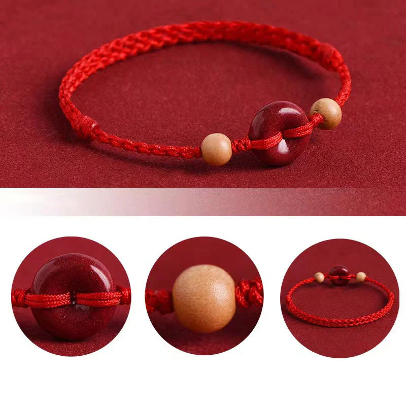Buddha Stones Peach Wood Peace Buckle Cinnabar Wealth String Bracelet Anklet