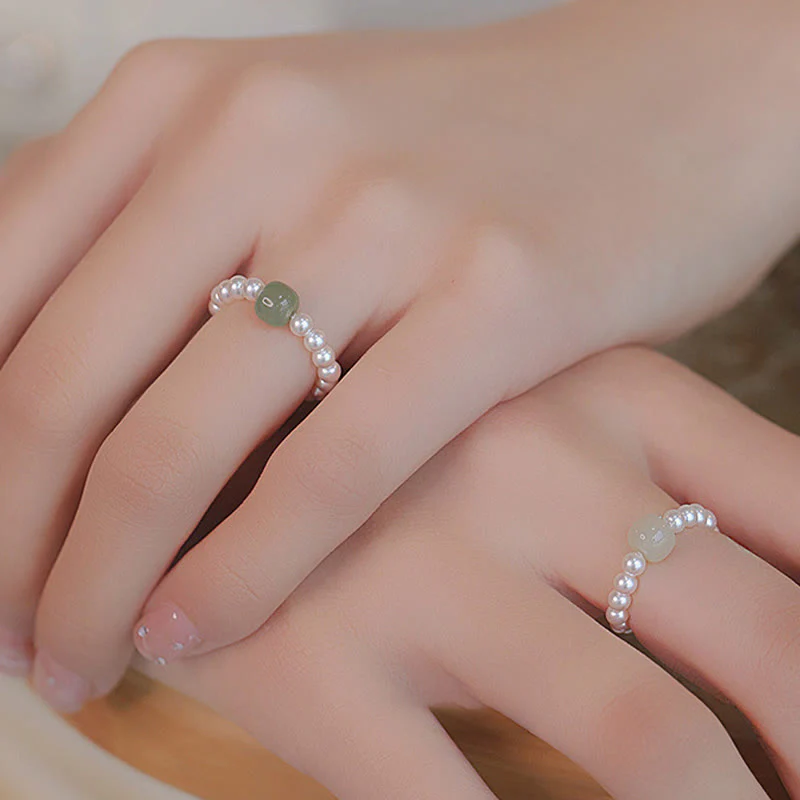 Buddha Stones Round Jade Pearl Beads Luck Ring