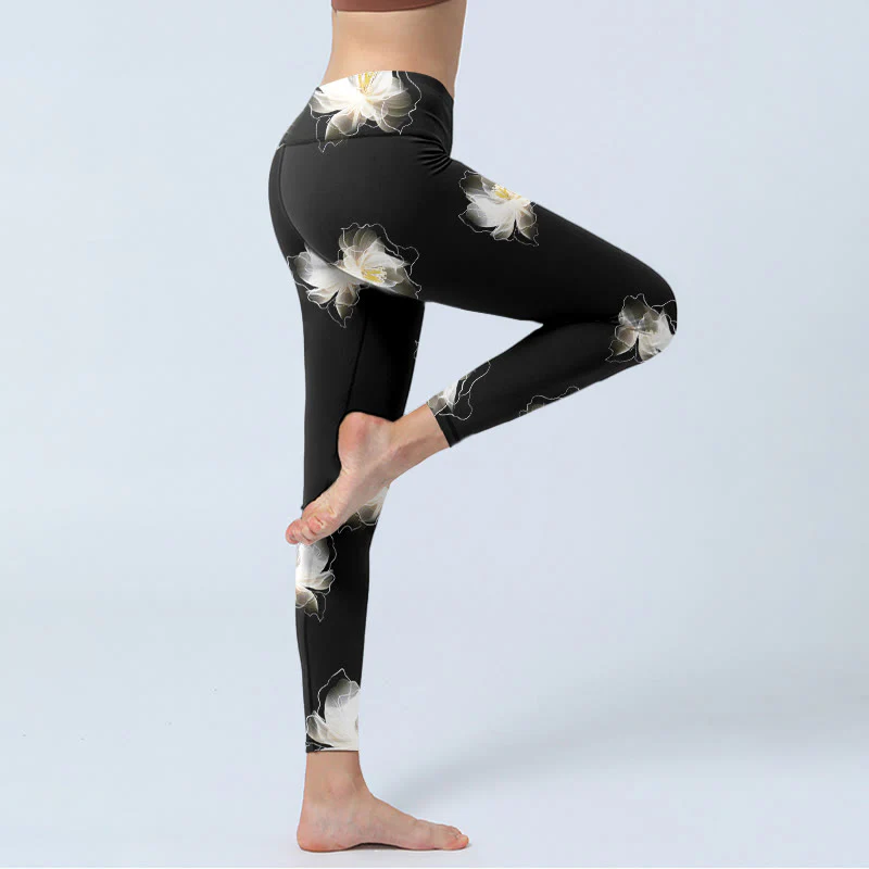 Buddha Stones Black White Lotus Petals Pattern Print Gym Leggings Women's Yoga Pants