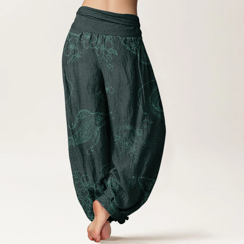 Buddha Stones Koi Fish Floral Pattern Women's Elastic Waist Harem Pants
