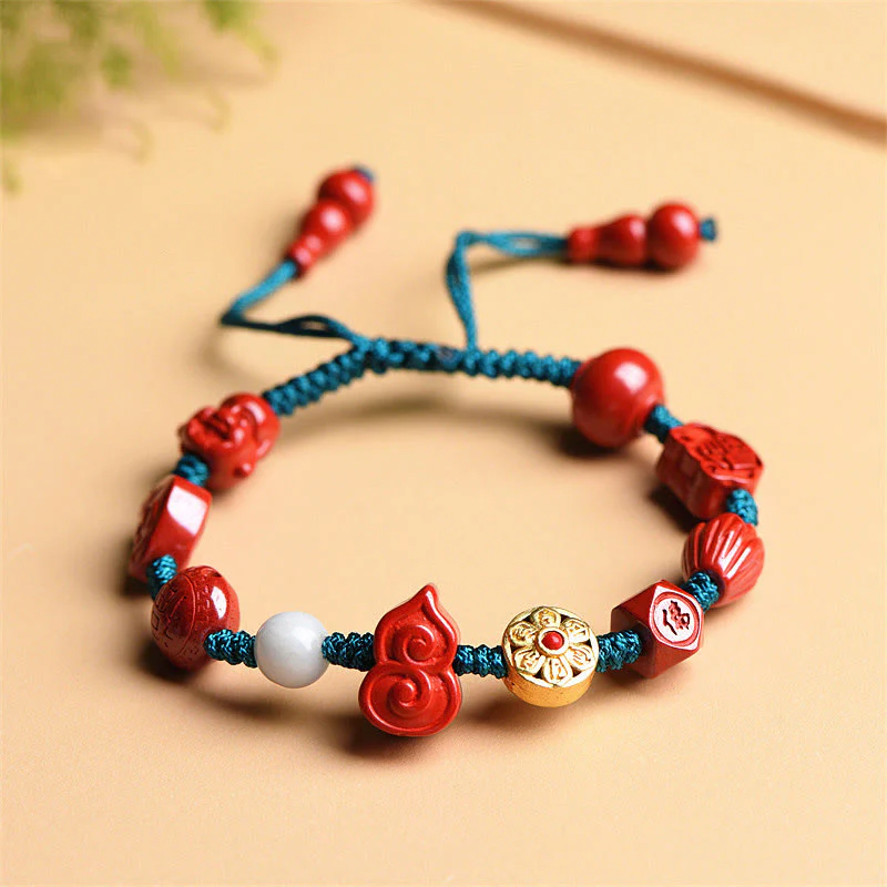 Buddha Stones Natural Cinnabar Gourd Om Mani Padme Hum Laughing Buddha Blessing String Bracelet