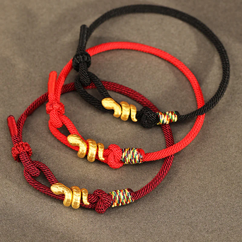 Buddha Stones 999 Gold Year of the Snake Design Handmade Luck Protection Rope Braided Bracelet