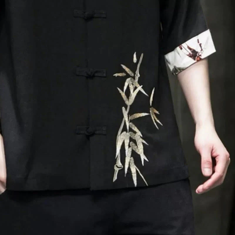 Buddha Stones Men's Frog-Button Bamboo Linen Half Sleeve Shirt