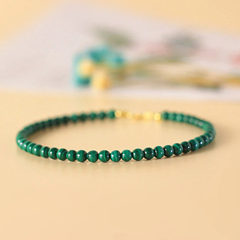 Buddha Stones 4mm Natural Malachite Beads 14k Gold Plated Copper Anti-anxiety Bracelet