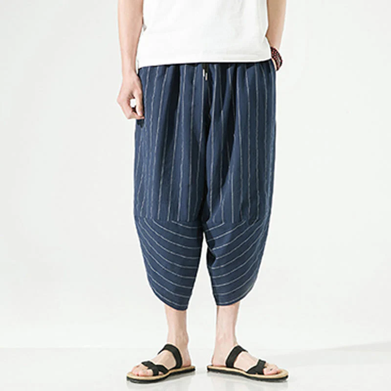 Buddha Stones Casual Plain Stripes Pattern Drawstring Men's 7-8 Length Cotton Linen Harem Pants With Pockets