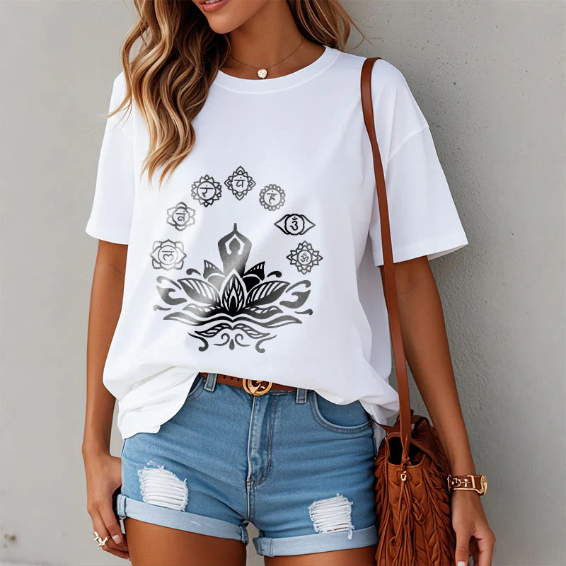 Buddha Stones Casual Meditating Figure Lotus Flower Seven Chakras Pattern Cotton Tee T-Shirt