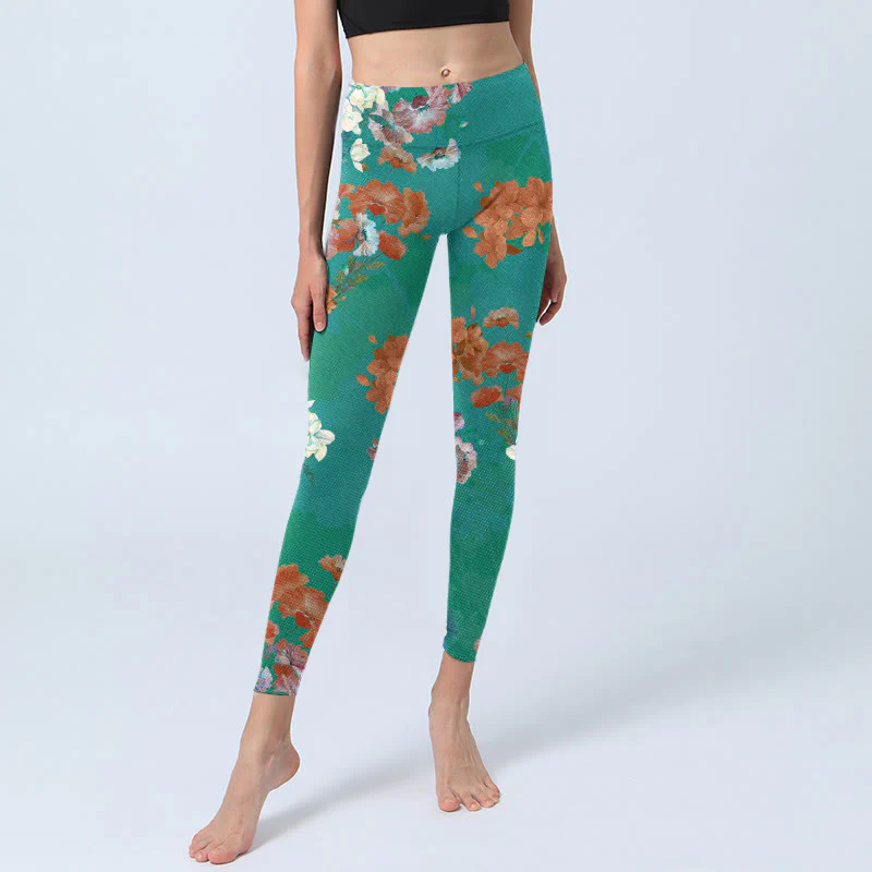 Buddha Stones Green Orange Beige Floral Print Gym Leggings Women's Yoga Pants