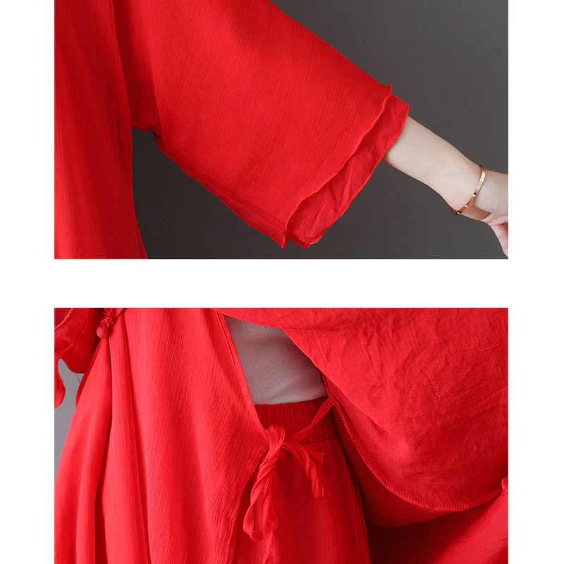 Buddha Stones V-Neck Midi Tunic Dress Wide Leg Pants Meditation Zen Practice Dance Clothing