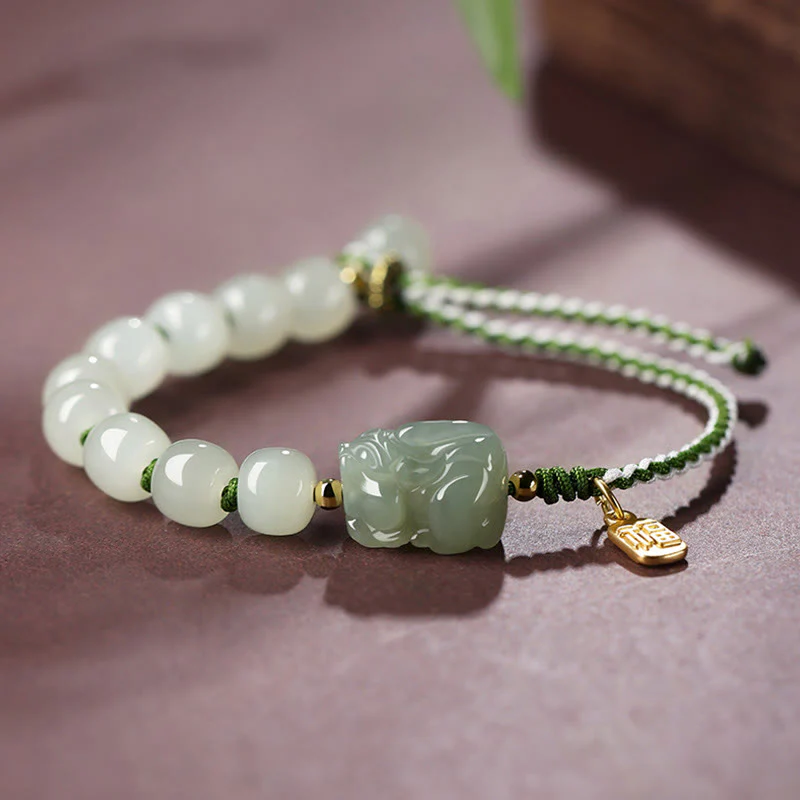Buddha Stones Natural Hetian Jade PiXiu Luck Fu Character String Bracelet