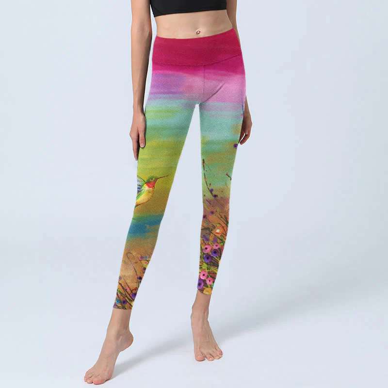 Buddha Stones Blooming Flower Bird Pattern Print Gym Leggings Women's Yoga Pants