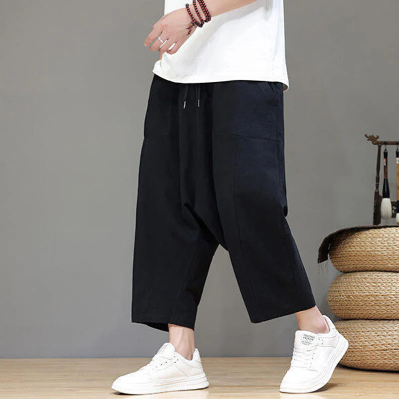 Buddha Stones Casual Plain Low Crotch Design Drawstring Men's Cotton Elastic Waistband Wide Leg Pants With Pockets