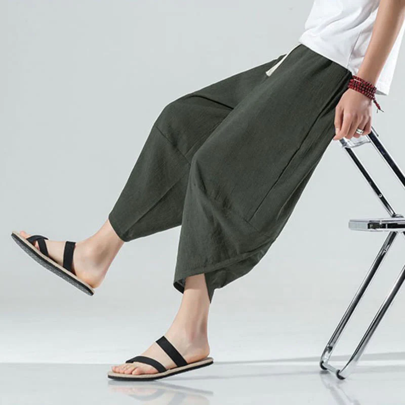 Buddha Stones Plain Simple Design Drawstring 7-8 Length Linen Men's Harem Pants With Pockets