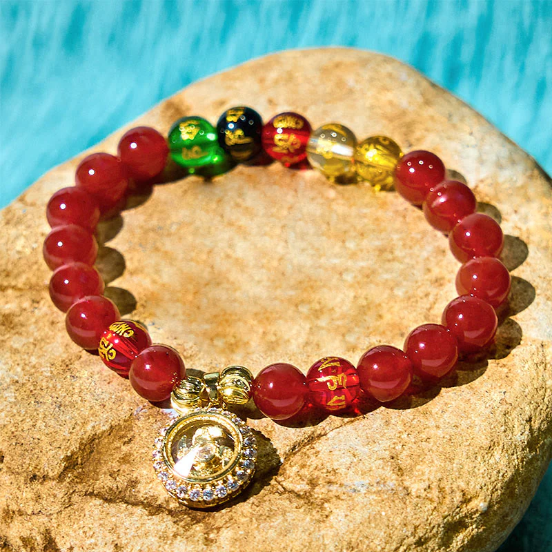 Buddha Stones Red Agate Om Mani Padme Hum Five Directions Gods of Wealth Zircon Cyclone Charm Self-acceptance Bracelet