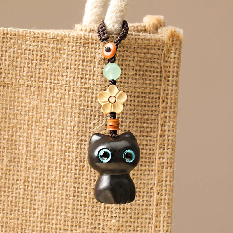 Buddha Stones Mini Small Leaf Red Sandalwood Ebony Wood Lucky Cat Lovely Kitty Peace Key Chain Phone Hanging Decoration