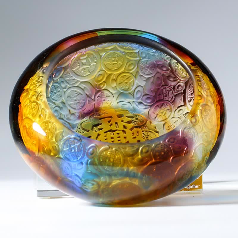 Buddha Stones Handmade Liuli Crystal Treasure Bowl Ingots Art Piece Home Decoration