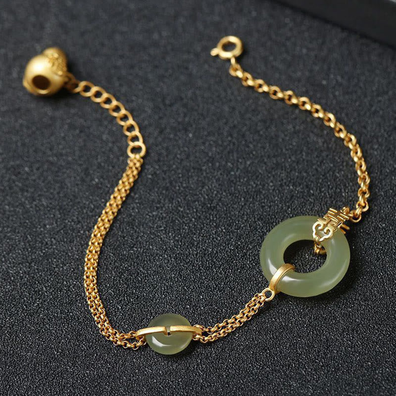 Buddha Stones Round Jade Peace Buckle Gourd Fu Character Auspicious Prosperity Chain Bracelet