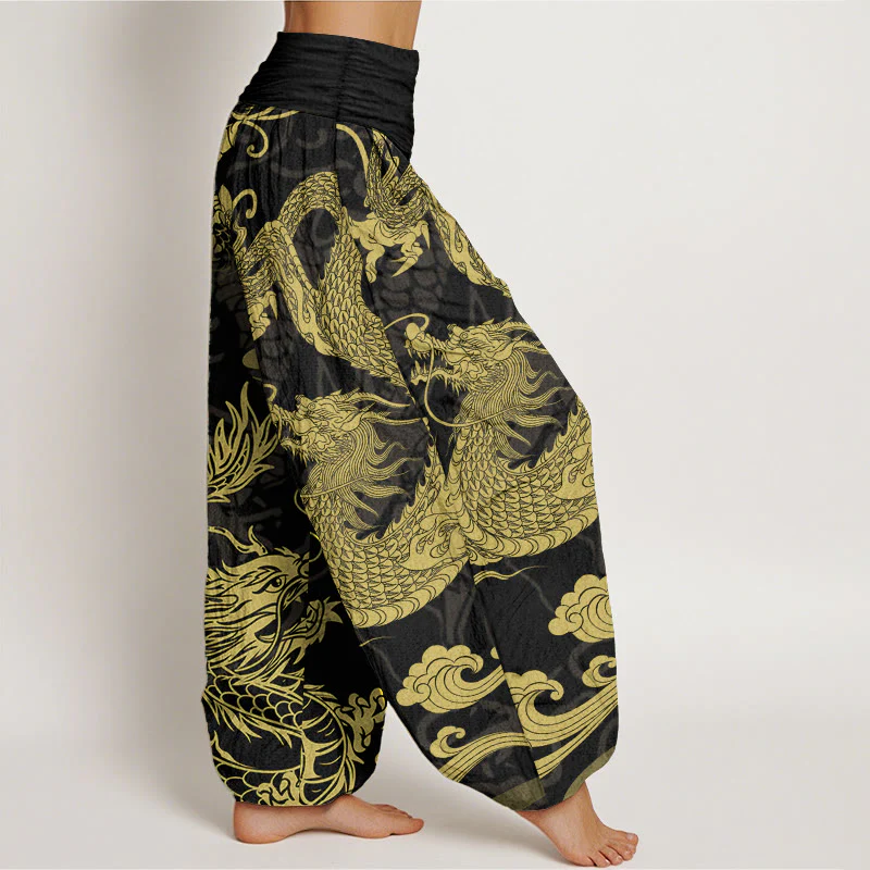 Buddha Stones Pure Cotton Dragon Auspicious Clouds Women's Elastic Waist Harem Pants