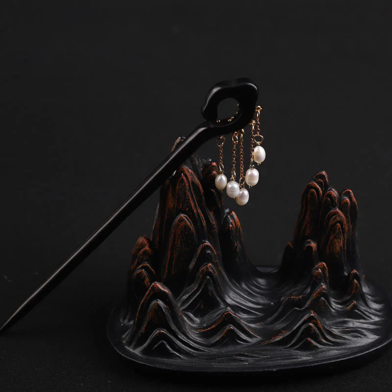 Buddha Stones Ebony Auspicious Cloud Pearl Tassel Protection Hairpin