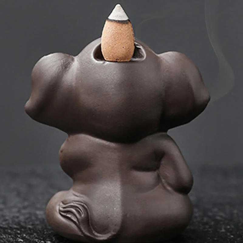 Buddha Stones Cute Elephant Purple Clay Backflow Smoke Fountain Peace Healing Incense Burner Decoration