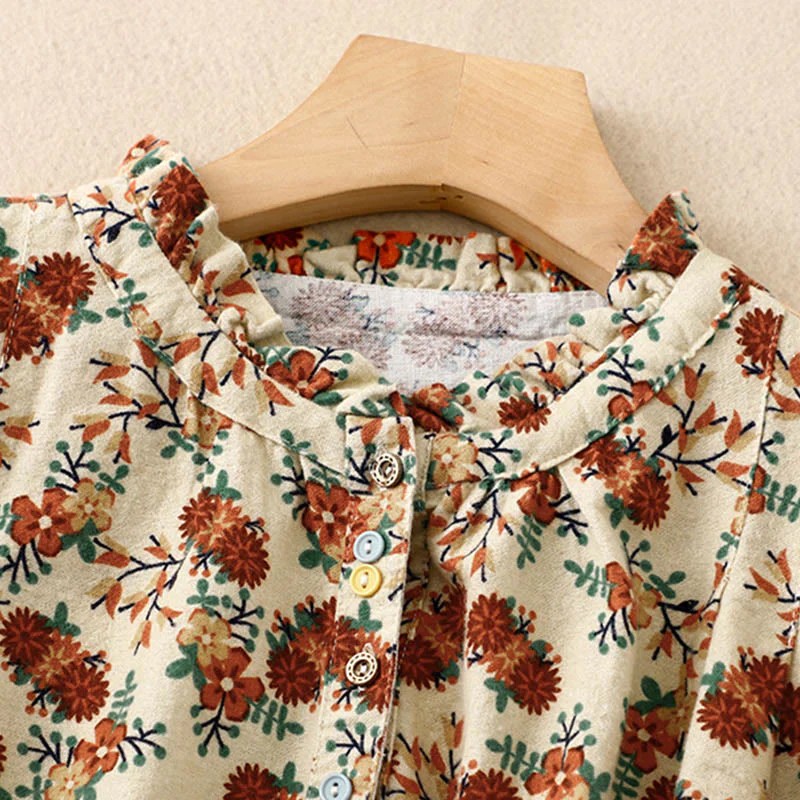 Buddha Stones Casual Florals Crew Neck Cotton Linen Women's Shirt