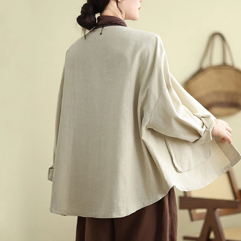 Buddha Stones Plain Design Long Sleeve Women's Cotton Linen Jacket With Pockets