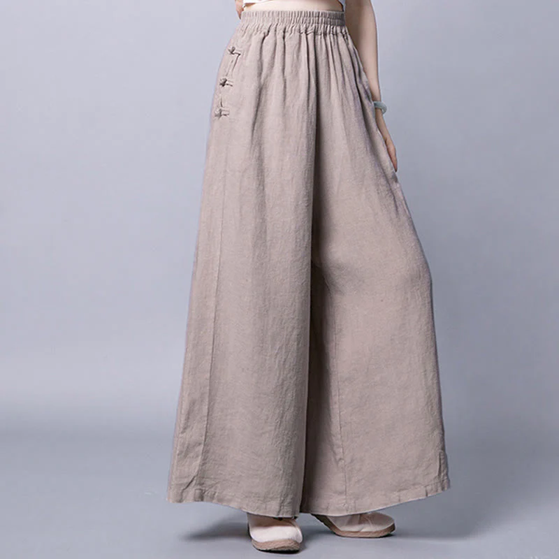 Buddha Stones Casual Cotton Frog-Button High Waist Wide Leg Pants With Pockets