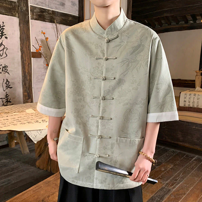 Buddha Stones Jacquard Bamboo Plum Bossom Pattern Chinese Frog-Button Design Men's Half Sleeve Cotton Shirt With Pockets