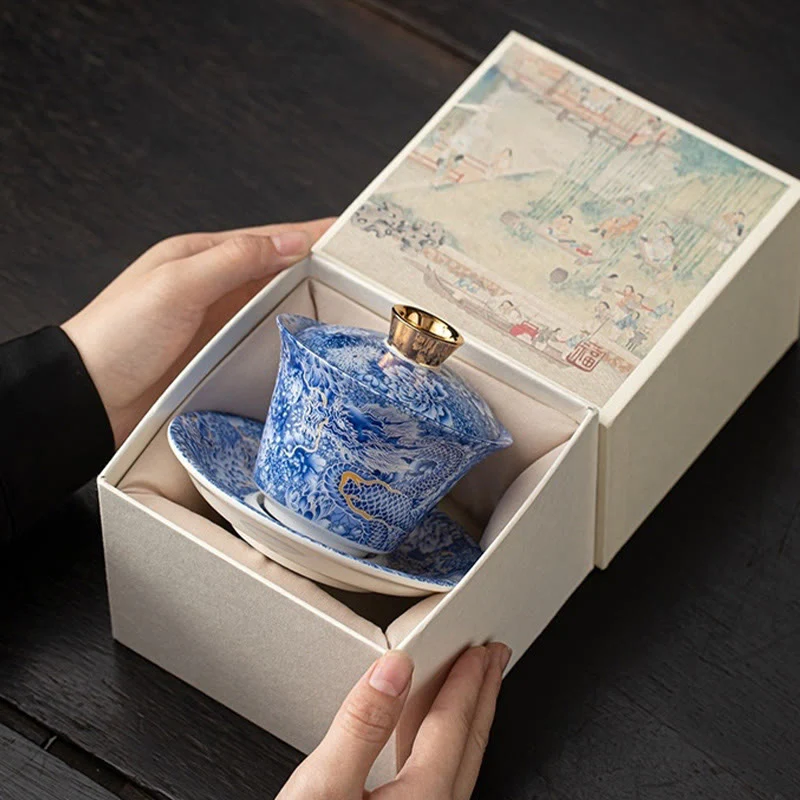 Buddha Stones Thangka Dragon Buddhas Dunhuang Ceramic Gaiwan Sancai Kung Fu Tea Cup And Saucer With Lid Gift Box 180ml