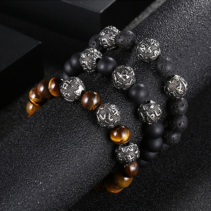 Buddha Stones Natural Tiger Eye Lava Rock Black Obsidian Titanium Steel Six-True-Words Om Mani Padme Hum Protection Bracelet