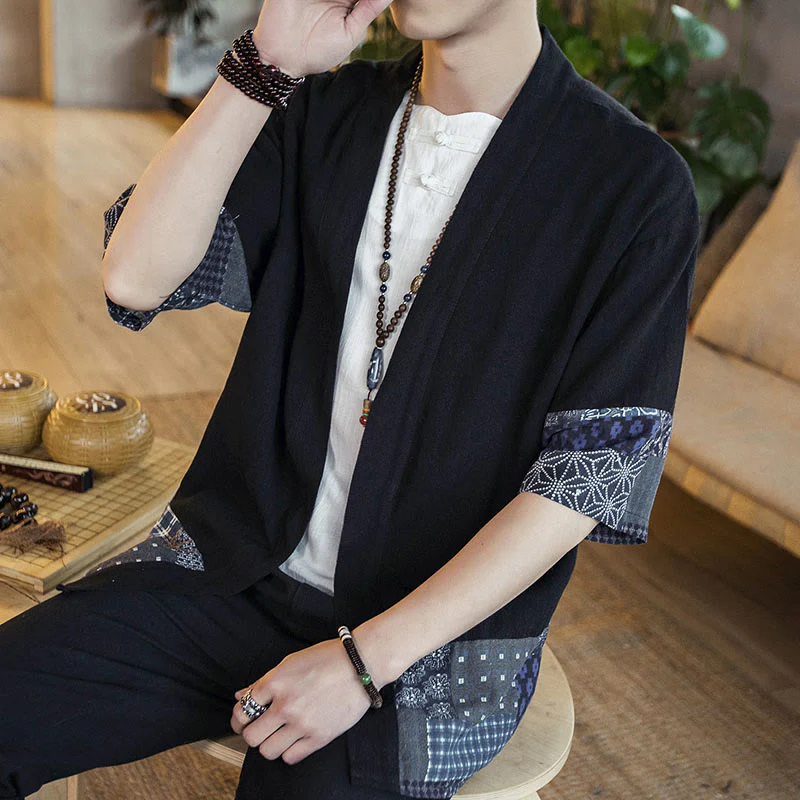 Buddha Stones Ethnic Printing Patchwork Design Open Front Jacket Cotton Linen Men's Kimono