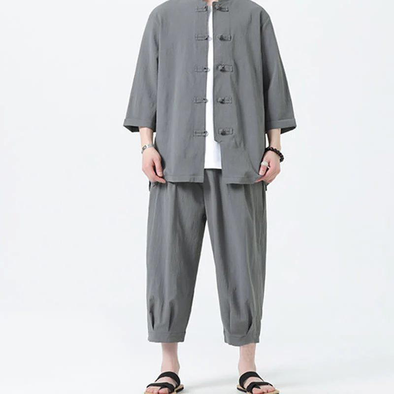 Buddha Stones 2Pcs Solid Frog-Button Three Quarter Sleeve Shirt Pants Men's Set