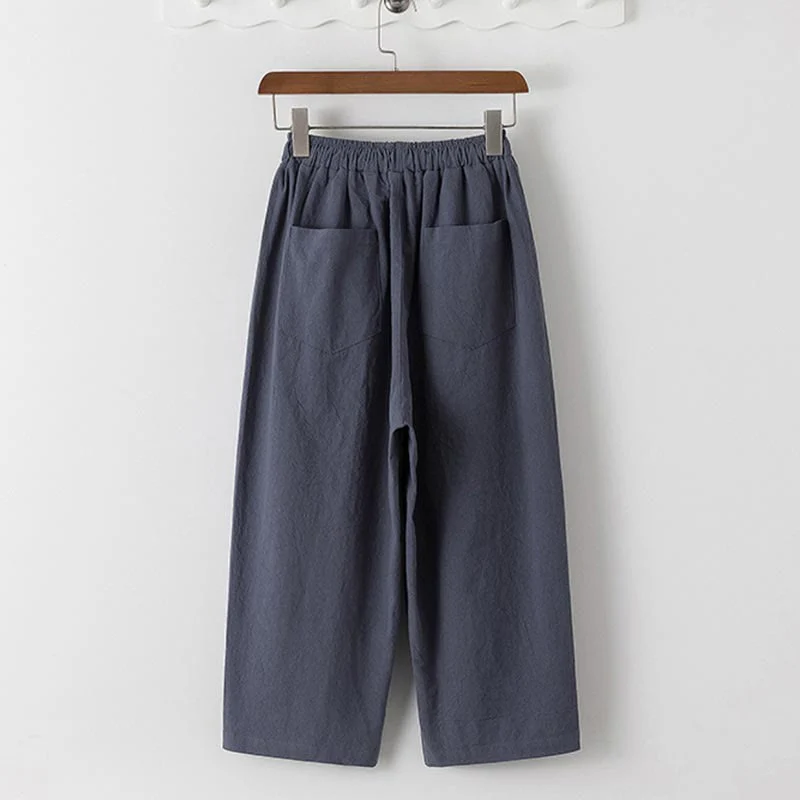 Buddha Stones Summer 2Pcs Plain Crew Neck T-Shirt Drawstring 7-8 Length Pants Cotton Linen Tang Suit Men's Meditation Cloth Set With Pockets