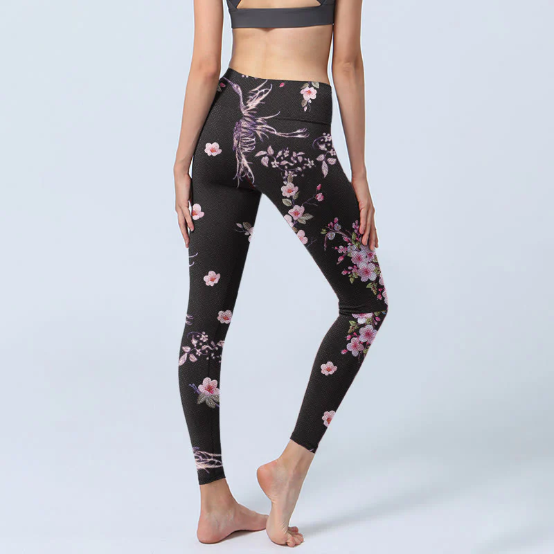 Buddha Stones Pink Flowers Flying Cranes Print Gym Leggings Women's Yoga Pants