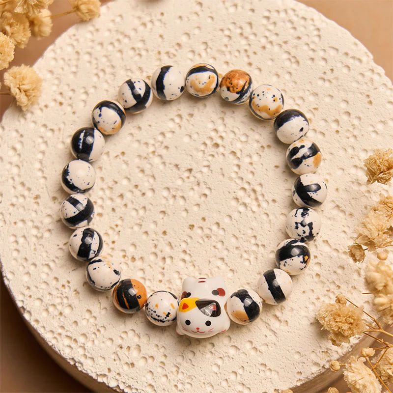 Buddha Stones Calico Cat Natural Stone Ceramic Kitten Head Strength Bracelet