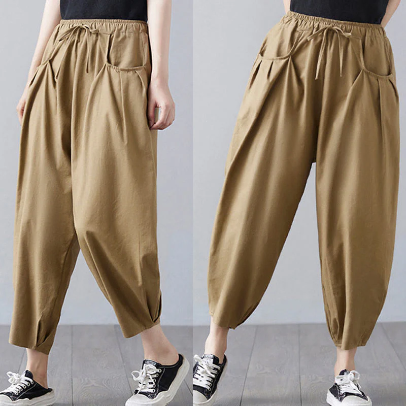 Buddha Stones Summer Plain Cropped Pants Women's Cotton Linen Harem Pants With Pockets