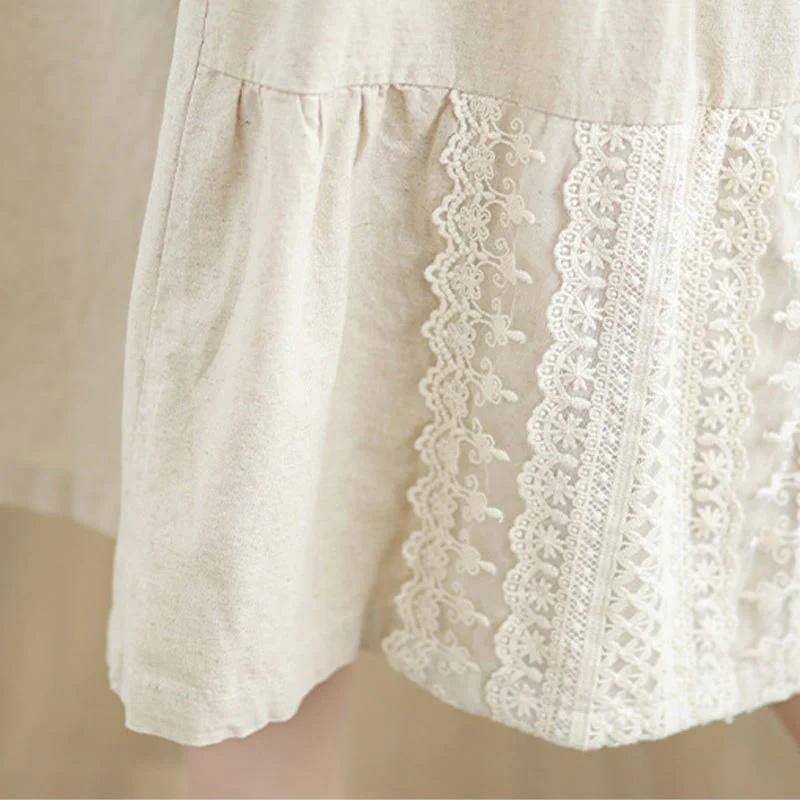 Buddha Stones Casual Plain Lace Splicing Cotton Linen Women's Cropped Wide Leg Pants With Pockets