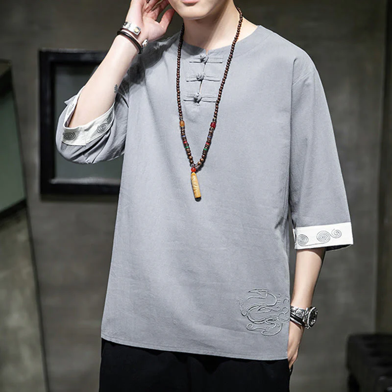 Buddha Stones Summer Embroidery Plain Frog-Button Men's Crew Neck Half Sleeve Cotton Linen Shirt Clothing