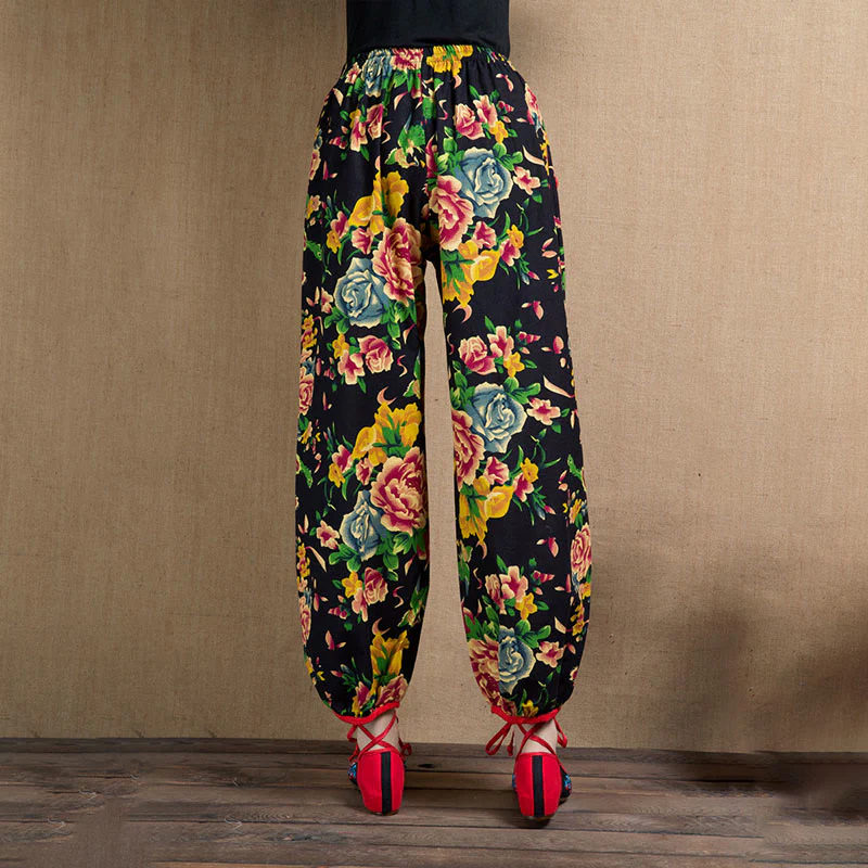 Buddha Stones Ethnic Style Red Green Flowers Print Harem Pants With Pockets