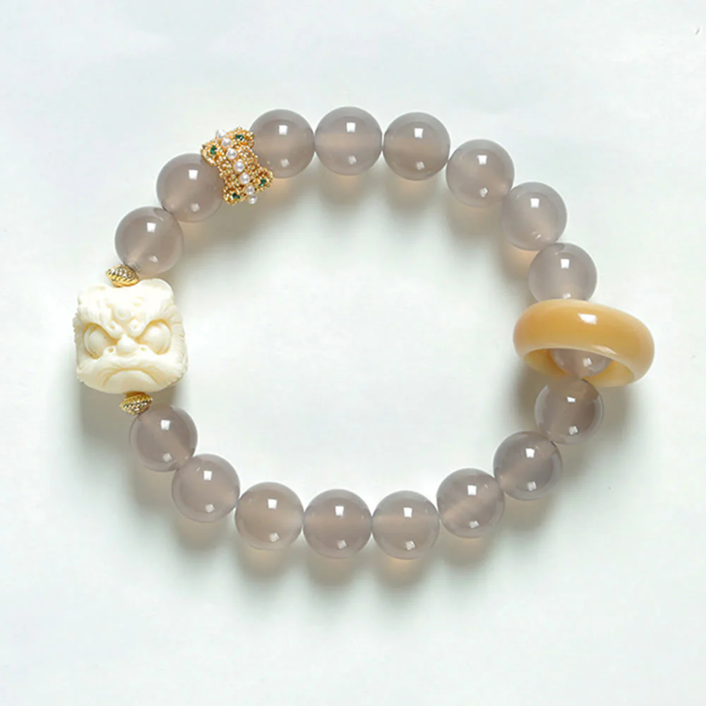 Buddha Stones Amber Gray Agate Ivory Fruit Confidence Bracelet