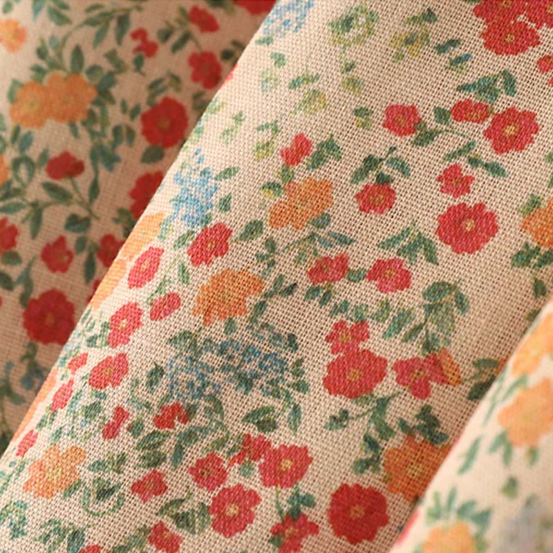 Buddha Stones Casual Floral Lace Crew Neck Balloon Long Sleeve Cotton Linen Midi Dress With Pockets